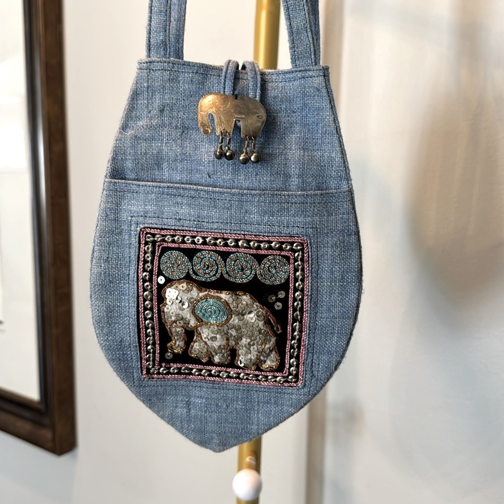 Bohemian inspired mine denim embellished elephant bag EUC